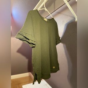 Michael Kors Green Ruffled Sleeve Shirt w/ Gold Logo and Slits on the side